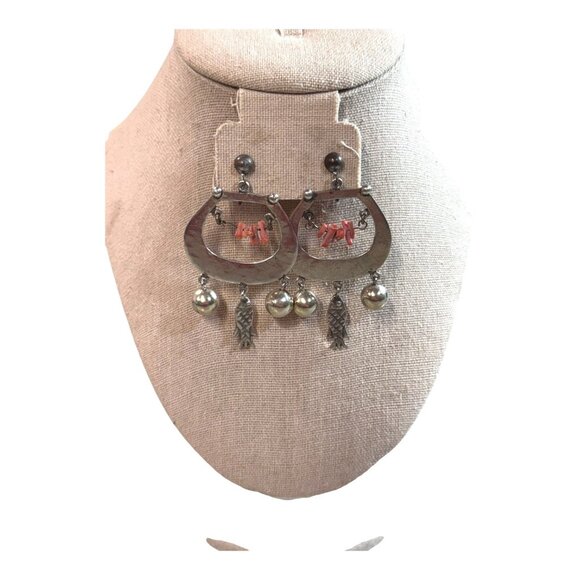 Vtg 925 Sterling Silver Clip-On Earrings Coral Beads Fish Ball Charms Souothwest - Picture 2 of 7